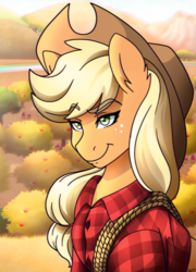 Size: 1800x2500 | Tagged: safe, artist:ciderpunk, applejack, earth pony, pony, g4, apple orchard, clothes, female, rope, shirt, solo