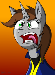 Size: 1200x1637 | Tagged: safe, artist:derpanater, oc, oc only, oc:littlepip, pony, unicorn, fallout equestria, bust, clothes, female, freaking out, gradient background, jumpsuit, mare, open mouth, portrait, screaming, solo, vault suit, wide eyes