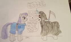 Size: 1834x1074 | Tagged: safe, artist:rapidsnap, maud pie, earth pony, pony, g4, emotionless, female, grim reaper, mare, maud being maud, scythe, stare, staring contest, traditional art