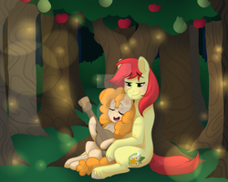 Size: 1024x819 | Tagged: safe, artist:twisted-sketch, bright mac, pear butter, earth pony, pony, g4, the perfect pear, apple tree, bronycon2017, female, guitar, male, print, ship:brightbutter, shipping, straight, tree, watermark