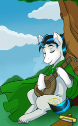 Size: 1024x1638 | Tagged: safe, artist:twisted-sketch, oc, oc only, oc:onyxsong, earth pony, pony, bronycon2017, commission, eyes closed, guitar, male, sitting, stallion, unshorn fetlocks, watermark