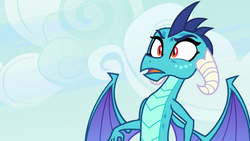 Size: 1280x720 | Tagged: safe, screencap, princess ember, dragon, g4, triple threat, dragoness, female, reaction, reaction image, solo