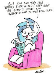 Size: 1212x1630 | Tagged: safe, artist:bobthedalek, dj pon-3, vinyl scratch, pony, unicorn, g4, armchair, book, chair, derp, dialogue, female, jack and the beanstalk, sitting, solo, traditional art