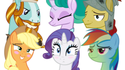 Size: 1920x1080 | Tagged: safe, applejack, flash magnus, mistmane, rainbow dash, rarity, rockhoof, earth pony, pegasus, pony, unicorn, campfire tales, g4, :<, blushing, eyes closed, female, frown, grin, helmet, male, mare, simple background, smiling, stallion, transparent background