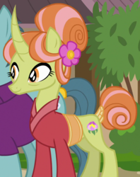 Size: 665x840 | Tagged: safe, screencap, floating lotus, morning fog, pony, unicorn, campfire tales, g4, background pony, bags under eyes, clothes, cropped, curved horn, cutie mark, female, flower, flower in hair, hair bun, horn, male, mare, proud, smiling, solo focus, stallion, tail bun