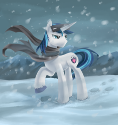 Size: 800x850 | Tagged: safe, artist:aurarrius, shining armor, pony, unicorn, g4, the crystal empire, clothes, male, raised hoof, scarf, snow, snow goggles, solo, stallion