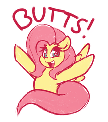 Size: 582x661 | Tagged: safe, artist:graphene, fluttershy, pegasus, pony, butts, colored sketch, cute, dialogue, female, looking at you, mare, open mouth, shyabetes, simple background, smiling, solo, white background