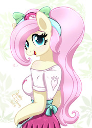 Size: 1010x1400 | Tagged: safe, artist:joakaha, fluttershy, anthro, unguligrade anthro, equestria girls, g4, my little pony equestria girls: summertime shorts, pet project, alternate hairstyle, arm hooves, big breasts, bow, breasts, busty fluttershy, clothes, cute, female, heart, looking at you, looking back, mare, off shoulder, open mouth, shirt, shyabetes, smiling, solo, wingless, wingless anthro