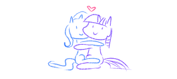 Size: 540x241 | Tagged: safe, artist:raridashdoodles, trixie, twilight sparkle, pony, g4, female, heart, hug, lesbian, ship:twixie, shipping, simple background, sitting, smiling, white background