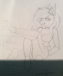 Size: 1843x2212 | Tagged: safe, artist:melodytheartpony, oc, oc only, oc:melody silver, dracony, hybrid, anthro, birthday, female, pencil drawing, piercing, solo, traditional art