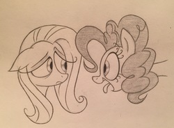 Size: 2809x2066 | Tagged: safe, artist:sparkarez, fluttershy, pinkie pie, earth pony, pegasus, pony, g4, bust, duo, eye contact, floppy ears, frown, high res, kinetic contrast, looking at each other, monochrome, portrait, sad, smiling, tongue out, traditional art, unamused