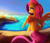 Size: 1400x1200 | Tagged: safe, artist:miokomata, fluttershy, pegasus, pony, g4, cute, cute little fangs, fangs, female, looking away, mare, ocean, profile, rear view, scenery, signature, sitting, sky, solo, spread wings, turned head, water, wings