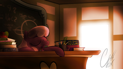 Size: 6400x3600 | Tagged: safe, artist:theravencriss, cheerilee, earth pony, pony, g4, absurd resolution, apple, atg 2017, book, classroom, desk, eyes closed, female, food, fruit, mare, newbie artist training grounds, open mouth, ponyville schoolhouse, signature, sleeping, snoring