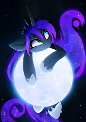 Size: 2080x2942 | Tagged: safe, artist:magnaluna, princess luna, alicorn, pony, confused, cute, female, galaxy mane, lunabetes, macro, moon, solo, space, stars, tangible heavenly object