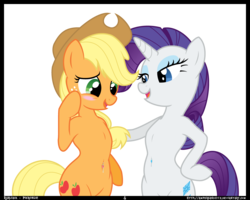 Size: 2793x2232 | Tagged: safe, artist:ampersandxyz, applejack, rarity, earth pony, pony, unicorn, semi-anthro, g4, barrel chest, belly, belly button, belly piercing, bellyring, blushing, cute, duo, female, high res, hind legs, horn, lesbian, mare, piercing, ship:rarijack, shipping