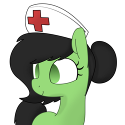 Size: 725x725 | Tagged: safe, artist:skitter, oc, oc only, oc:filly anon, pony, female, filly, hair bun, hat, no pupils, nurse, red cross, simple background, smiling, solo, white background