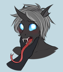 Size: 776x882 | Tagged: safe, artist:askbubblelee, oc, oc only, oc:imago, changeling, anthro, anthro oc, blushing, bust, changeling oc, curved horn, cute, cute little fangs, cuteling, duo, eyelashes, fangs, female, forked tongue, glowing eyes, hand on face, horn, long tongue, looking at you, mare, open mouth, short hair, simple background, solo focus, tongue out