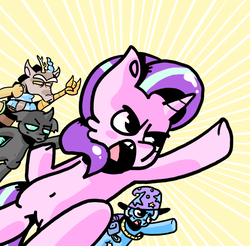 Size: 2000x1970 | Tagged: safe, artist:densomething, discord, starlight glimmer, thorax, trixie, pony, unicorn, g4, to where and back again, belly button, clothes, devil horn (gesture), hat, open mouth, parody, reformed four, scott pilgrim vs the world, squint, trixie's hat