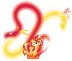 Size: 6000x5094 | Tagged: safe, artist:orin331, sunset shimmer, dragon, hybrid, phoenix, pony, unicorn, campfire tales, g4, absurd resolution, cute, dragon spirit, female, fiery shimmer, fire, fire magic, glowing horn, horn, looking up, magic, magic dragon, mare, open mouth, raised hoof, shimmerbetes, simple background, smiling, transparent background