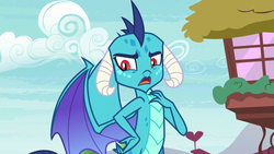 Size: 1280x720 | Tagged: safe, screencap, princess ember, dragon, g4, triple threat, angry, betrayed, claws, dragoness, female, hand on chest, hand on hip, horns, insulted, looking down, open mouth, ponyville, solo, spread wings, talking, wings