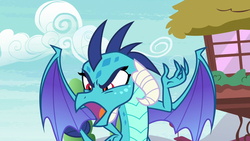 Size: 1280x720 | Tagged: safe, screencap, princess ember, dragon, g4, triple threat, angry, betrayed, claws, dragoness, ember is not amused, female, furious, glare, horns, insulted, looking at someone, looking down, narrowed eyes, offended, open mouth, ponyville, raised arm, solo, spread wings, talking