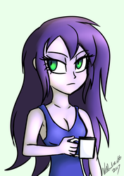 Size: 800x1137 | Tagged: dead source, safe, artist:wubcakeva, oc, oc only, oc:esbern, equestria girls, g4, breasts, cleavage, clothes, cup, equestria girls-ified, female, green eyes, signature, solo, tank top