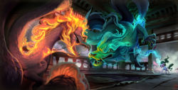Size: 2108x1072 | Tagged: safe, artist:imalou, mistmane, sable spirit, chinese dragon, dragon, pony, unicorn, campfire tales, g4, badass, clothes, curved horn, dragon spirit, duel, epic, eyes closed, female, fight, glowing horn, horn, magic, mare, scene interpretation, young, young mistmane, young sable spirit, younger