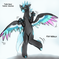 Size: 2000x2000 | Tagged: safe, artist:lumineko, oc, oc only, oc:turntable, classical hippogriff, hippogriff, beak, both cutie marks, claws, dancing, feather, high res, hippogriff oc, hooves, male, solo, standing, standing on one leg, talons, unshorn fetlocks, wings