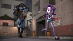 Size: 1600x900 | Tagged: safe, artist:minerjacker, artist:razethebeast, starlight glimmer, robot, equestria girls, g4, 3d, beanie, building, clothes, demoman, demoman (tf2), hat, mvm, pants, running, scenery, shirt, source filmmaker, team fortress 2, vest