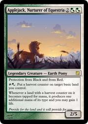 Size: 375x523 | Tagged: safe, applejack, earth pony, pony, g4, card, cloud, grass, magic the gathering, sunset