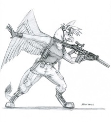 Size: 1100x1208 | Tagged: safe, artist:baron engel, gilda, griffon, anthro, digitigrade anthro, g4, 9a-91, armpits, breasts, clothes, female, grayscale, gun, monochrome, rifle, simple background, solo, suppressor, traditional art, weapon, white background