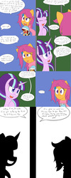 Size: 1600x4000 | Tagged: safe, artist:jake heritagu, scootaloo, starlight glimmer, oc, oc:lightning blitz, pegasus, pony, comic:ask motherly scootaloo, g4, ..., baby, baby carrier, baby pony, bars, clothes, colt, comic, dialogue, hairpin, hat, horn, horn ring, jail, magic suppression, male, motherly scootaloo, offspring, older, older scootaloo, parent:rain catcher, parent:scootaloo, parents:catcherloo, scarf, silhouette, smug, smuglight glimmer, speech bubble, sweater, sweatshirt, yawn
