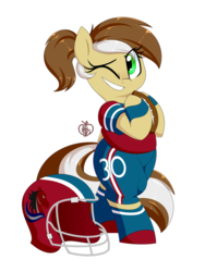Size: 1500x2000 | Tagged: safe, artist:notenoughapples, oc, oc only, oc:first down, pony, unicorn, american football, bipedal, clothes, commission, female, football helmet, helmet, mare, one eye closed, simple background, solo, transparent background, wink