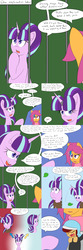 Size: 1600x4800 | Tagged: safe, artist:jake heritagu, scootaloo, starlight glimmer, oc, oc:lightning blitz, pegasus, pony, comic:ask motherly scootaloo, g4, alternate timeline, baby, baby carrier, baby pony, bars, clothes, colt, comic, dialogue, drool, hairpin, horn, horn ring, jail, leaf, magic suppression, male, motherly scootaloo, offspring, older, older scootaloo, parent:rain catcher, parent:scootaloo, parents:catcherloo, scarf, sleeping, smug, smuglight glimmer, speech bubble, sweatshirt