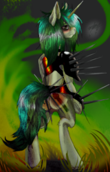 Size: 1806x2830 | Tagged: safe, artist:brainiac, derpibooru exclusive, oc, oc only, oc:piper, pony, unicorn, fallout equestria, armor, back, bipedal, butt, clothes, female, mare, plot, raider, raider armor, solo, spiked armor, spikes, standing