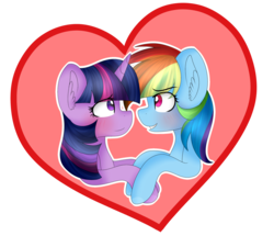Size: 2191x1887 | Tagged: safe, artist:cosmiickatie, rainbow dash, twilight sparkle, pegasus, pony, unicorn, g4, blushing, female, heart, lesbian, looking at each other, mare, multicolored hair, ship:twidash, shipping, smiling