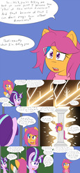 Size: 2400x5200 | Tagged: safe, artist:jake heritagu, scootaloo, starlight glimmer, pony, comic:ask motherly scootaloo, g4, alternate timeline, bars, clothes, comic, hairpin, horn, horn ring, magic suppression, motherly scootaloo, multiverse, pillar, scarf, sweatshirt