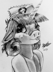 Size: 2442x3315 | Tagged: safe, artist:brainiac, derpibooru exclusive, oc, oc only, oc:carebear, pony, unicorn, art trade, black and white, female, freckles, grayscale, high res, mare, monochrome, nurse, one eye closed, solo, tongue out, traditional art, wink