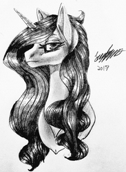 Size: 2660x3626 | Tagged: safe, artist:brainiac, derpibooru exclusive, oc, oc only, pony, unicorn, art trade, black and white, female, grayscale, high res, mare, monochrome, solo, traditional art