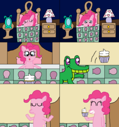 Size: 1024x1092 | Tagged: safe, artist:penelopehamuchan, gummy, pinkie pie, pony, g4, bed, comic, crossover, cupcake, eating, food, looney tunes, sleeping