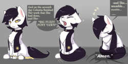 Size: 4200x2100 | Tagged: dead source, safe, artist:captainpudgemuffin, oc, oc only, oc:padlock, cat pony, earth pony, original species, pony, behaving like a cat, cheek fluff, chest fluff, clothes, cute, dialogue, ear fluff, eyes closed, female, floppy ears, fluffy, gift art, lidded eyes, mare, ocbetes, open mouth, preacher, priest, priestess, scarf, silly, silly pony, simple background, sitting, sleeping, sleepy, smiling, solo, teary eyes, yawn, yellow eyes, zzz