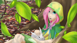 Size: 1920x1080 | Tagged: safe, artist:didj, angel bunny, fluttershy, human, my little mages, g4, clothes, hoodie, humanized, looking at you, open mouth, tree