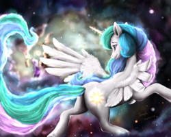 Size: 3000x2400 | Tagged: dead source, safe, artist:makkah, princess celestia, alicorn, pony, g4, beautiful, cutie mark, female, galaxy, high res, long tail, mare, missing accessory, multicolored mane, multicolored tail, praise the sun, smiling, solo, spread wings, stars