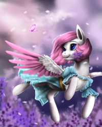Size: 1200x1500 | Tagged: safe, artist:makkah, oc, oc only, oc:lavender, butterfly, pegasus, pony, beautiful, clothes, female, flower, flower in mouth, flying, mare, mouth hold, smiling, solo, spread wings, wings