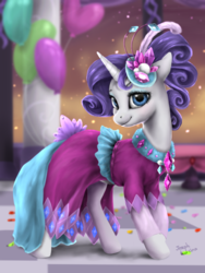 Size: 1200x1600 | Tagged: dead source, safe, artist:makkah, rarity, pony, unicorn, g4, make new friends but keep discord, balloon, clothes, cute, dress, female, gala dress, grand galloping gala, looking at you, mare, raribetes, smiling, solo