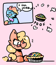 Size: 3000x3440 | Tagged: safe, artist:densomething, derpibooru exclusive, applejack, rainbow dash, earth pony, pegasus, pony, g4, dialogue, food, food transformation, high res, imminent vore, inanimate tf, kitchen eyes, licking, licking lips, pie, rainbow pie, simple background, smiling, tongue out, transformation
