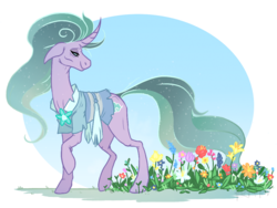 Size: 1024x768 | Tagged: safe, artist:kapu-official, mistmane, pony, unicorn, campfire tales, g4, clothes, curved horn, ethereal mane, female, flower, horn, mare, old, smiling, solo