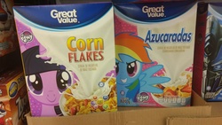 Size: 4608x2592 | Tagged: safe, rainbow dash, twilight sparkle, pony, g4, azucaradas, box, cereal, cereal box, food, great value, in the wild, irl, merchandise, optimus prime, photo, transformers, walmart