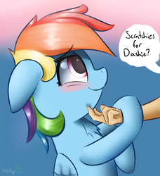 Size: 2550x2800 | Tagged: safe, artist:mrflubbernugget, rainbow dash, human, g4, cute, dashabetes, grabbing, hand, high res, scratching