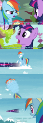 Size: 1280x3604 | Tagged: safe, screencap, rainbow dash, twilight sparkle, alicorn, pony, g4, cloud, flying, golden oaks library, gritted teeth, insult, mountain, open mouth, ponyville, shocked expression, shrunken pupils, sky, sparkles, spinning, text, twilight sparkle (alicorn)